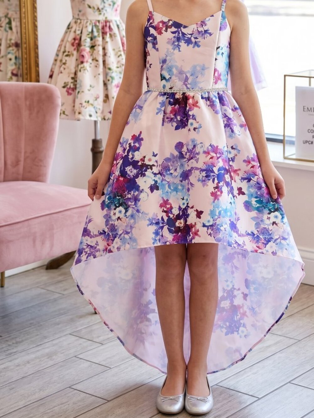 Emily Rose High Low Dress Floral Lilac Purple Blue Girls Size 14